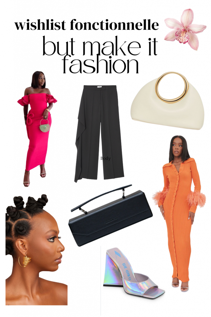Collage visuel de wishlist mode composée de pièces audacieuses, sophistiquées et ludiques: robes colorées, accessoires design, pantalons structurés illustrant l’esthétique d’une garde-robe fonctionnelle et cohérente.