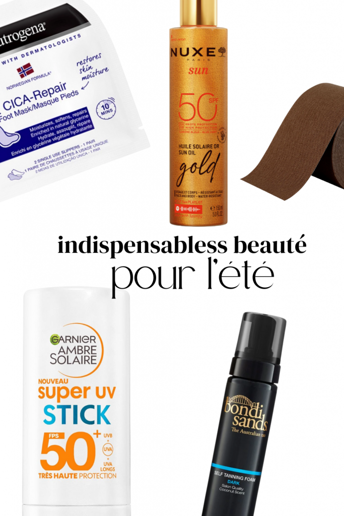 Collage de cinq produits de beauté indispensables pour l'été: un autobronzant Bondi Sands, une huile SPF Nuxe, un stick solaire Garnier, des masques chaussettes hydratants et du body tape. Produits sélectionnés pour protéger la peau et faciliter le port de vêtements d'été.