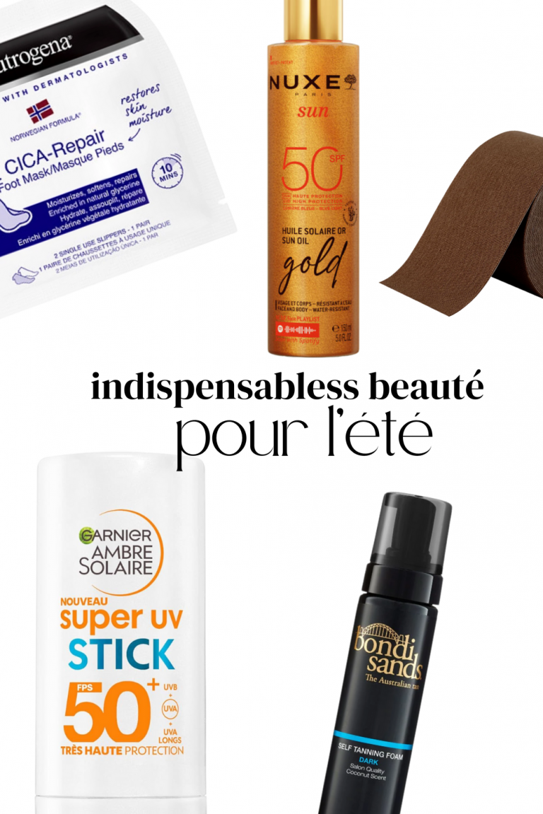 Collage de cinq produits de beauté indispensables pour l'été: un autobronzant Bondi Sands, une huile SPF Nuxe, un stick solaire Garnier, des masques chaussettes hydratants et du body tape. Produits sélectionnés pour protéger la peau et faciliter le port de vêtements d'été.