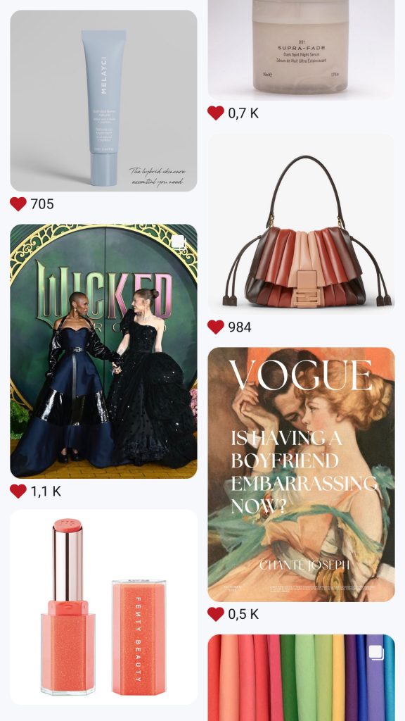 Image type tableau Pinterest montrant un collage de produits beauté, pièces mode, inspirations pop culture et éléments représentant mes favoris du mois de novembre. Fenty c u in miami wicked for good fendi mamma baguette chante joseph